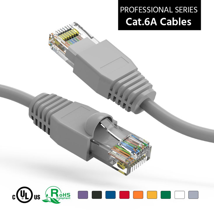 Two connectors of a Nippon Labs Cat 6A UTP Ethernet Network Booted Cable are displayed.